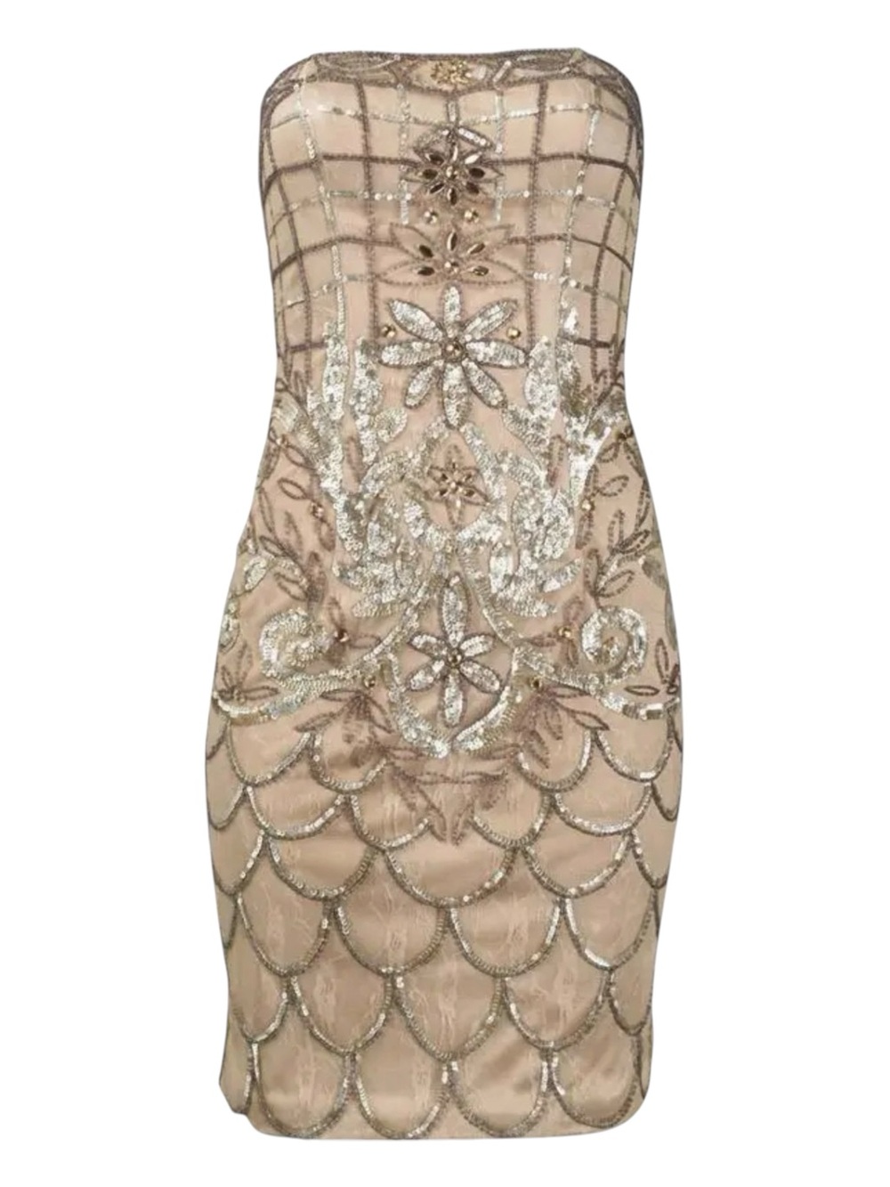 Sue Wong Nocturne Y2K Gold Sequin Strapless Cocktail Gatsby Lace Sheath Dress 8